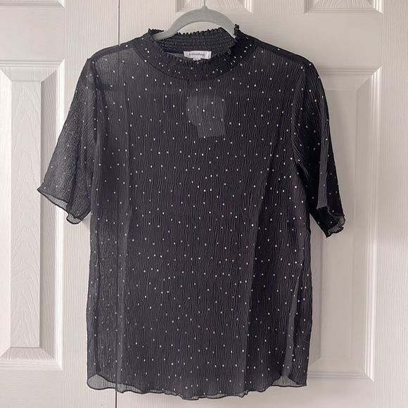 NWT Polka Dot Print Tailored Mock Neck Half Sleeve Top | Black & White | S M L - Picture 5 of 9